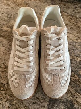 Women's Neutral Mesh & Suede Lace-Up Sneakers in White and cream